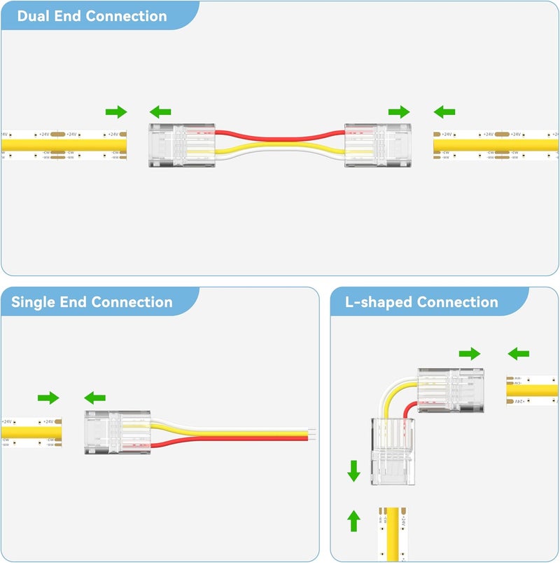 PAUTIX 10mm Connectors for 3-Pin CCT COB LED Strip Lights,20pcs Strip to Wire Connectors,10ft(305cm) Long 22AWG Extension 3 Wires for Non-Wired Gapless Solderless,5V 12V 24V LED Strip Lights Jumper - Image 2